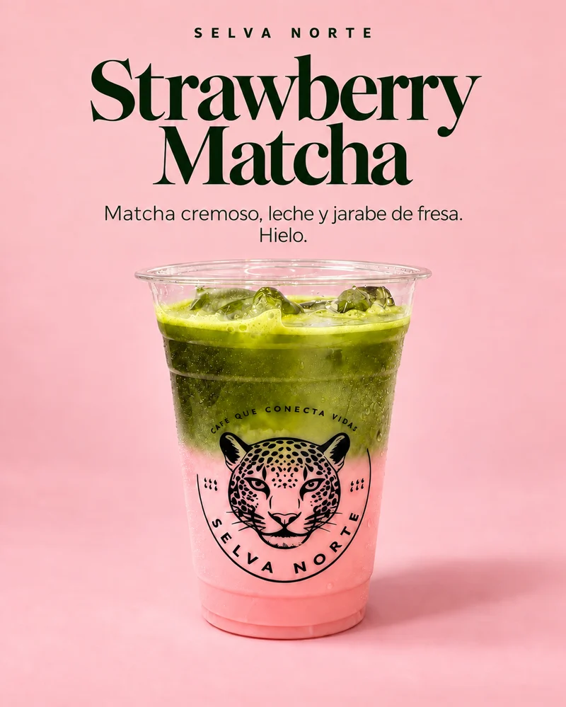 Strawberry Matcha: matcha cremoso, leche y jarabe de fresa con hielo